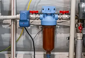 Whole-home water filtration system connected to household plumbing